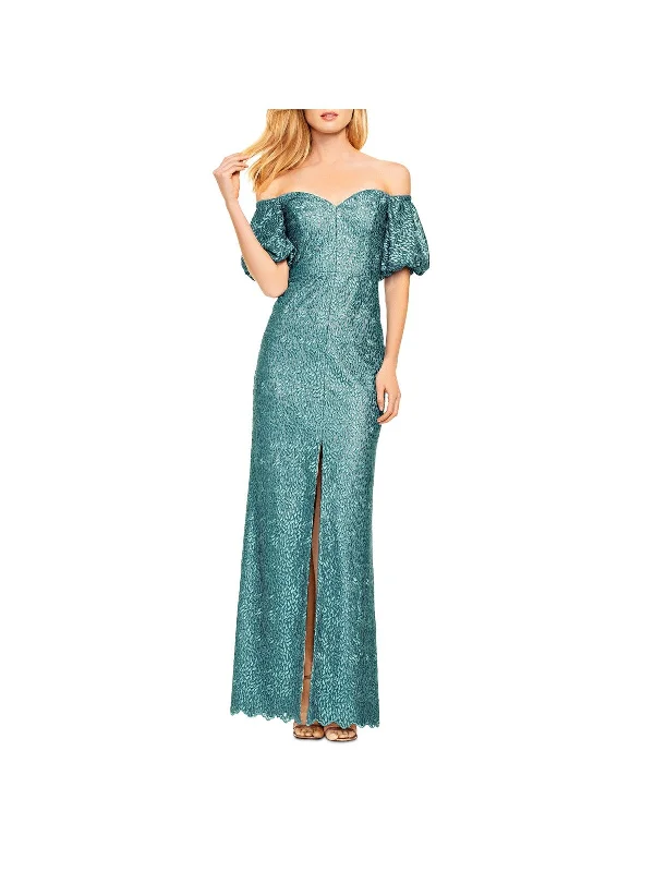 AIDAN MATTOX Womens Lace Elbow Sleeve Off Shoulder Full-Length Formal Gown Dress Lace Dress Fit