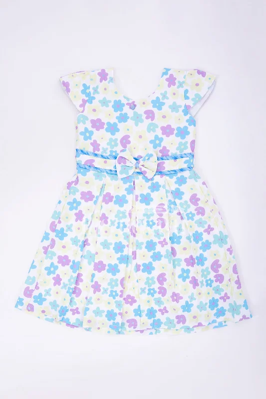 Blue Floral Print Popcorn Fabric Frock for Girls  Nesavu