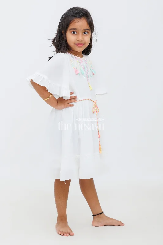 White Rayon Party Frock with Geometric Embroidery for Girls