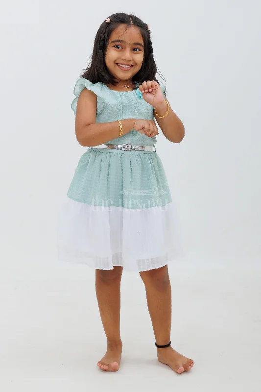 Green and White Cap Sleeve Cotton Frock with Rose Detail