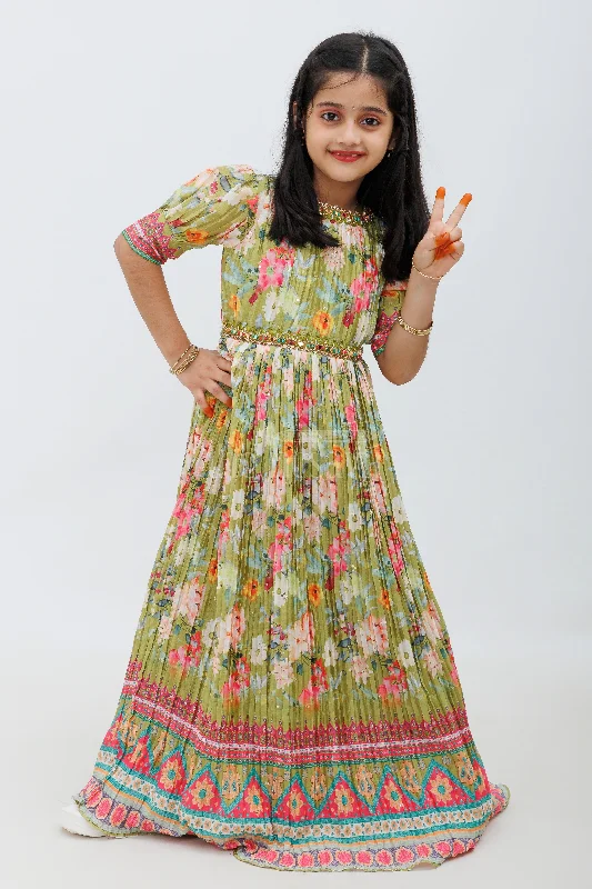 Green Parrot Print Chinon Party Gown for Girls