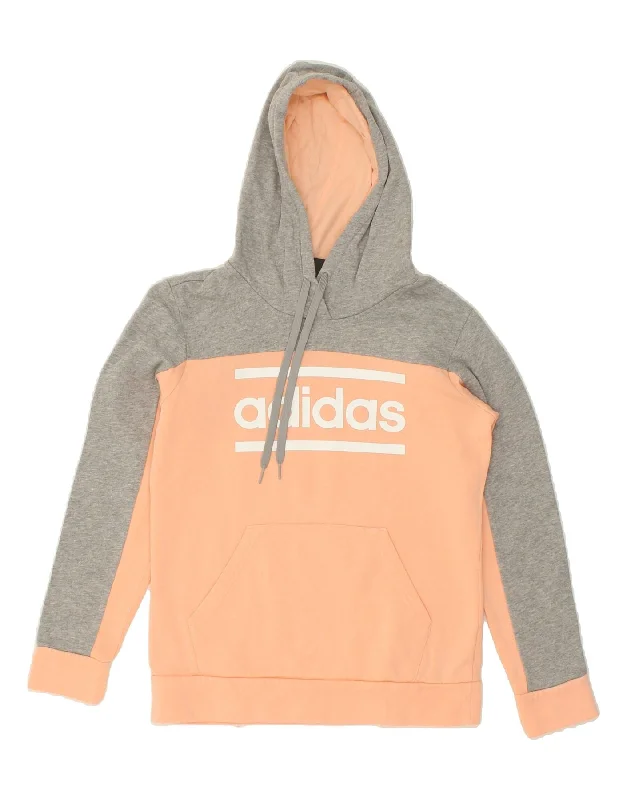 ADIDAS Womens Graphic Hoodie Jumper UK 14 Medium Orange Colourblock Cotton Sporty sweaters