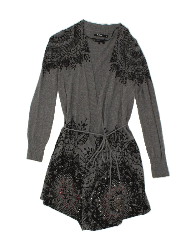 DESIGUAL Womens Longline Cardigan Sweater UK 10 Small Grey Floral Cotton Best sweaters for winter
