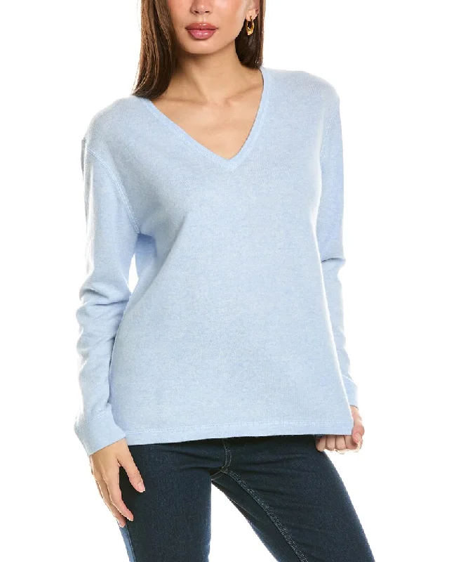 Forte Cashmere Coverstitch V-Neck Cashmere Sweater Travel-friendly sweaters
