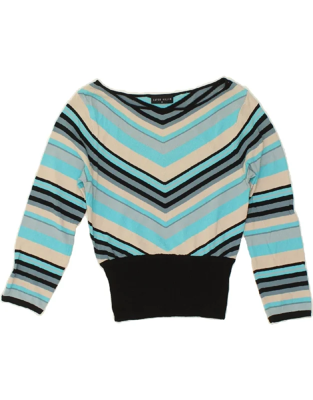 KAREN MILLEN Womens Crop Boat Neck Jumper Sweater UK 2 2XS Blue Striped Christmas sweaters