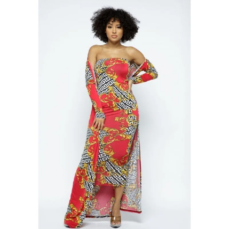 Venechia Print Tube Dress With Cardigan Set Work sweaters