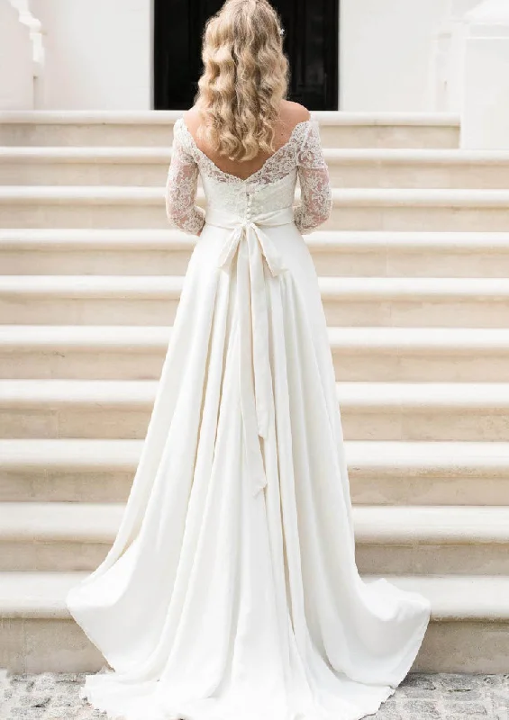 A-line Scalloped Neck Long Sleeve Sweep Lace Satin Wedding Dress, Sash Ball Gown Wedding