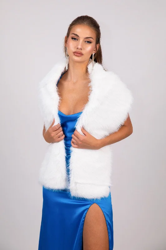 Marcella Faux Fur Shawl - White Illusion Neckline Gown