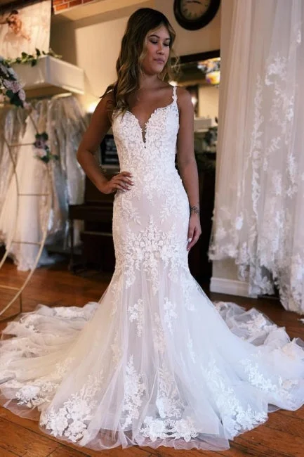 Mermaid Sweetheart Floor-Length Straps Sleeveless Tulle Wedding Dress with Appliques Empire Waist Dress