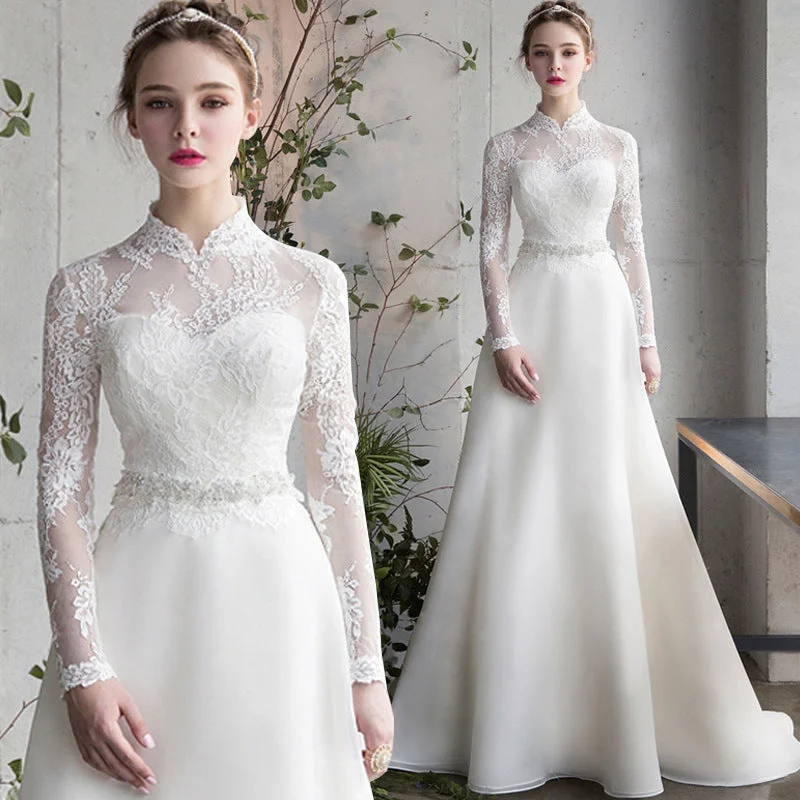 Satin Light Wedding Dress Long Sleeve Banquet Gown Sleeveless Wedding Dress