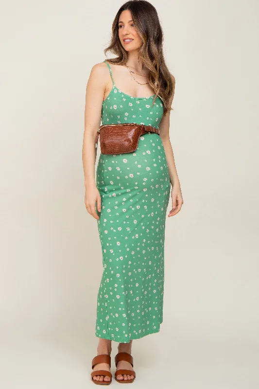 Green Floral Sleeveless Maternity Maxi Dress Smocked maxi dresses
