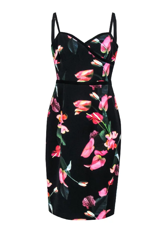 Black Halo - Black & Pink Floral Print Dress w/ Piping Sz 12 Edgy floral dresses