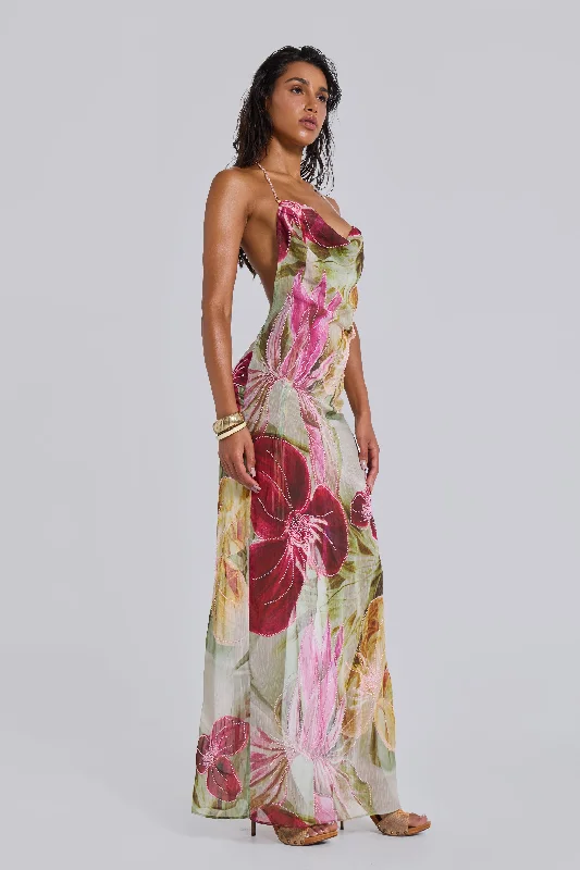 Dahlia Hand-Beaded Backless Chiffon Maxi Dress Comfortable Maxi Skirt