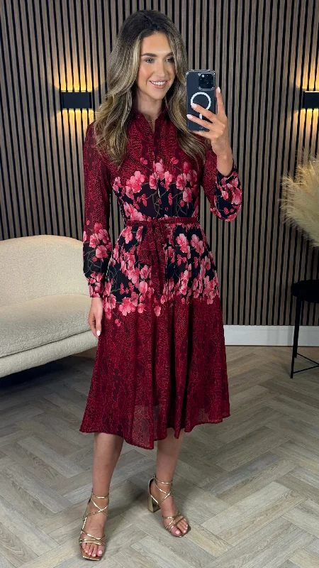 Aaliyah Red and Pink Floral Shirt Midi Dress Black Midi Skirt