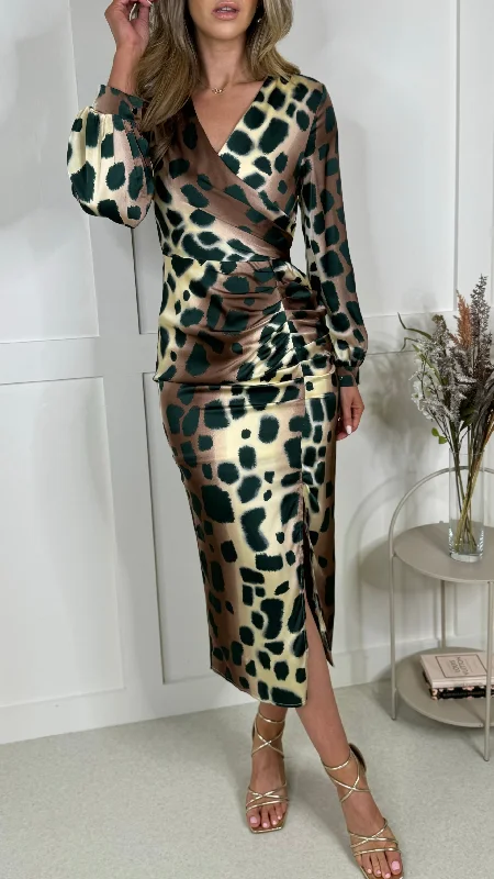 Abbey Beige & Green Leopard Print Ruched Midi Dress Ruffled Floral Skirt