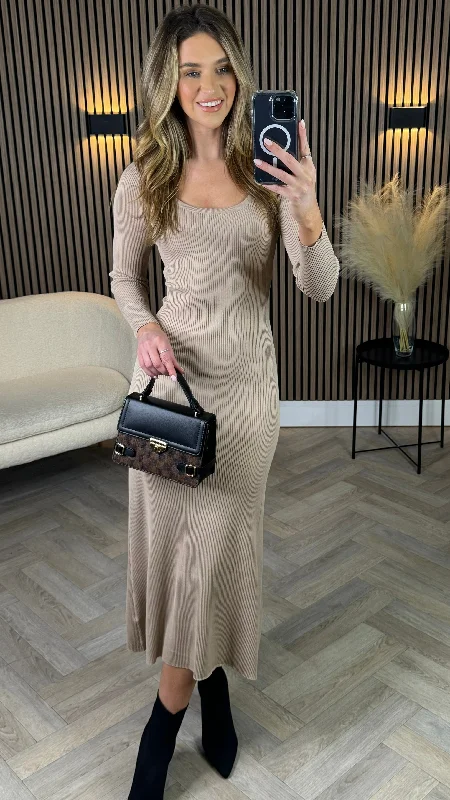 Addison Camel Ribbed Knit Midi Dress Casual Midi Skirt