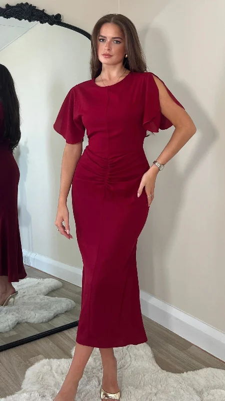 Alexa Burgundy Ruched Detail Midi Dress Midi Skirt Style