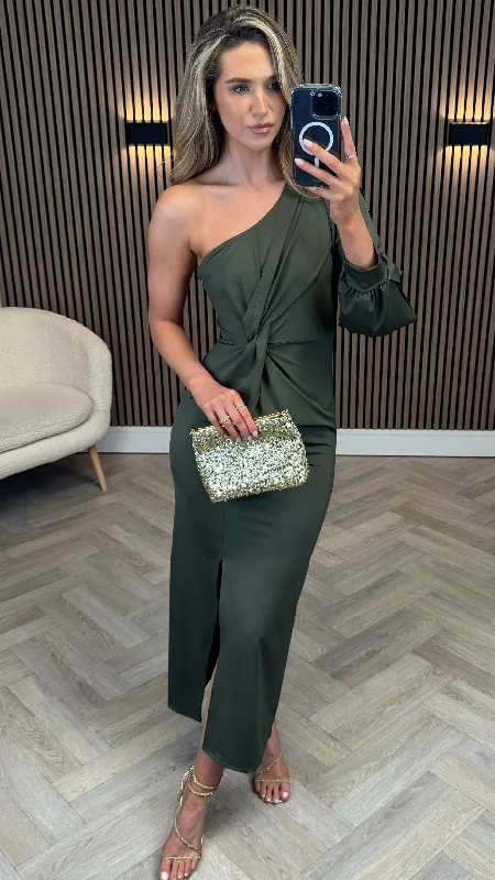 Arianna Khaki One Sleeve Ruched Detail Midi Dress Midi Skirt Party