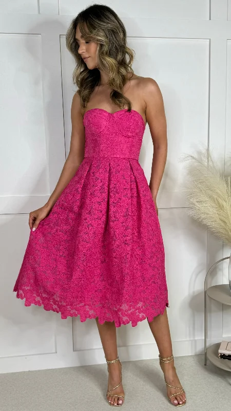 Bronwyn Fuchsia Bandeau Floral Patterned Midi Dress Pleated Satin Skirt