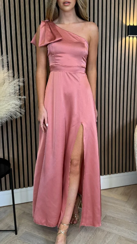 Cecily Rose Pink Bow Detail One Shoulder Midi Dress Skater Midi Skirt