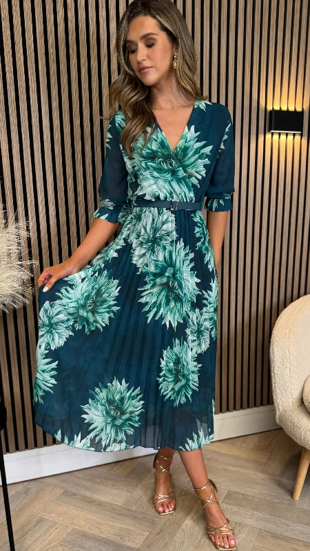 Daniela Navy & Green Multi Floral Printed Belted Midi Dress Denim Midi Skirt