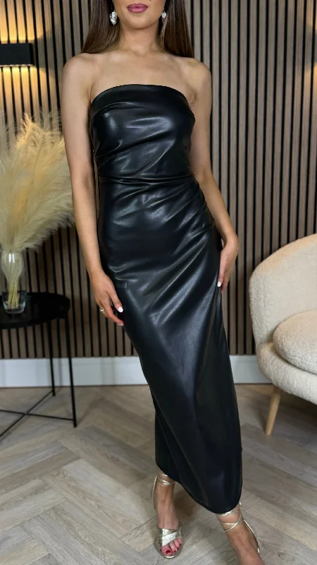 Drea Black Leather Look Ruched Bandeau Midi Dress Button Midi Skirt