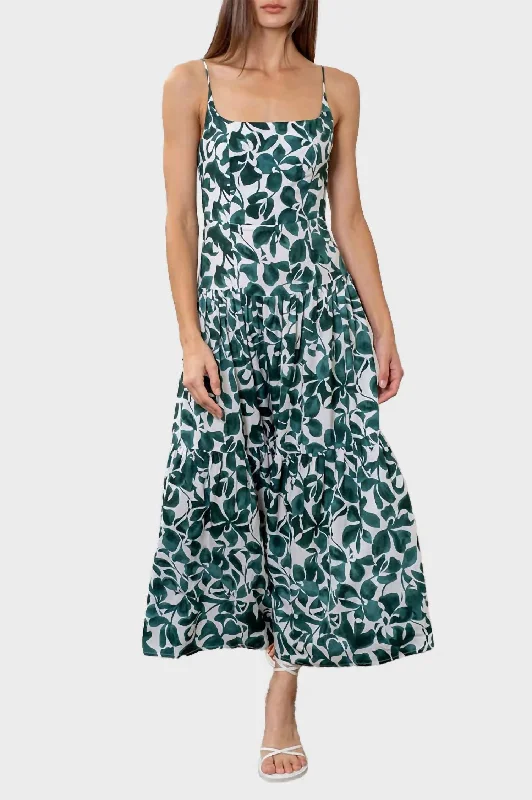 Floral Print Spaghetti Strap Tiered Midi Dress In Green Multi Lace Trim Midi