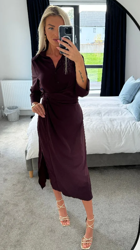 Harlyn Burgundy 3/4 Sleeve Gathered Waist Shirt Midi Dress Bohemian Midi Skirt