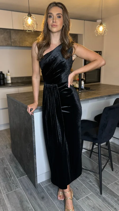 Isabella Black One Shoulder Velvet Finish Midi Dress Midi Skirt Fashion