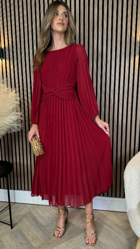 Liberty Red Pleated Bow Detail Midi Dress Flowy Midi Skirt