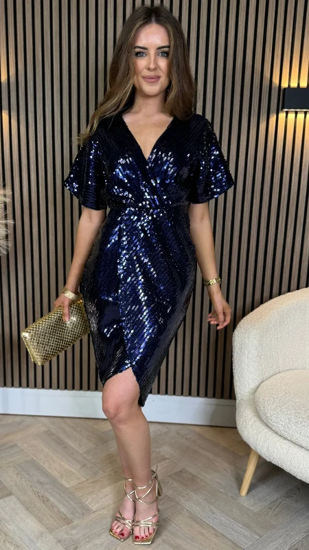 Marianna Navy Sequin Wrap Detail Midi Dress Ruffled Midi Skirt