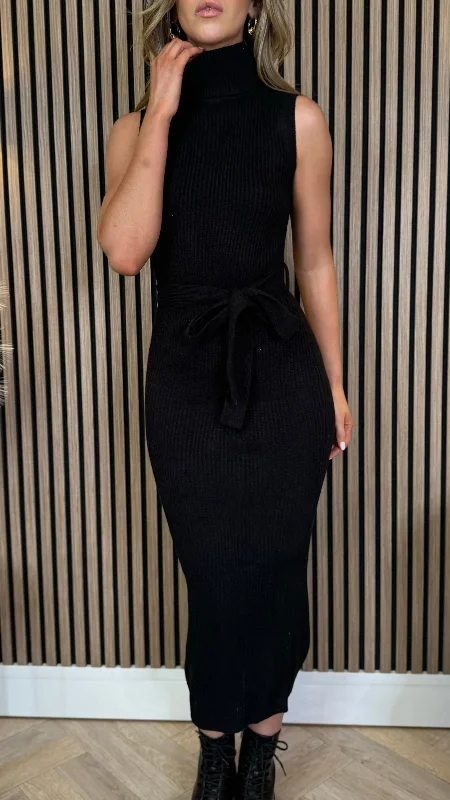 Paige Black Roll Neck Sleeveless Belted Knit Midi Dress Polka Dot Midi