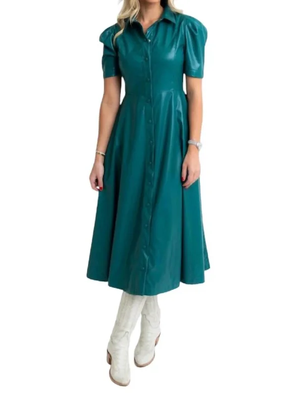 Pleather Shirt Midi Dress In Teal Plain Midi Skirt