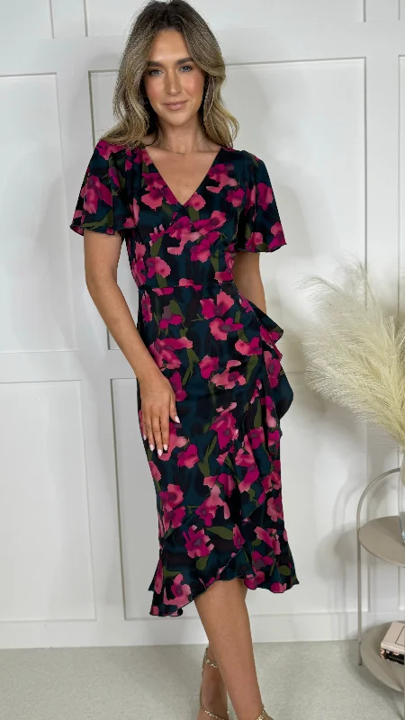 Steph Pink Floral V Neck Frill Midi Dress Midi Skirt Dress