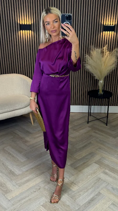 Tamera Purple Off The Shoulder Long Sleeved Ruched Midi Dress Soft Denim Midi