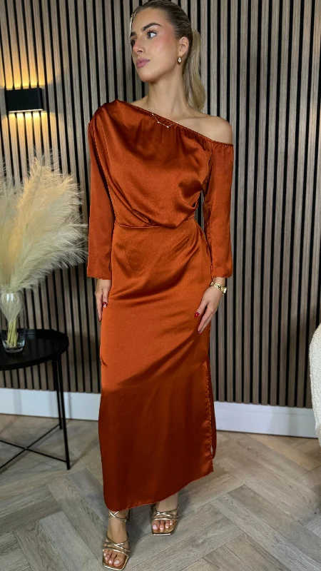 Tamera Rust Off The Shoulder Long Sleeved Ruched Midi Dress Midi Skirt Trend