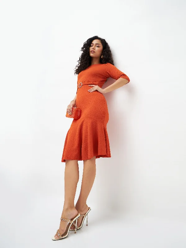Women Orange Frill Hem Belted Midi Dress Boho Midi Skirt
