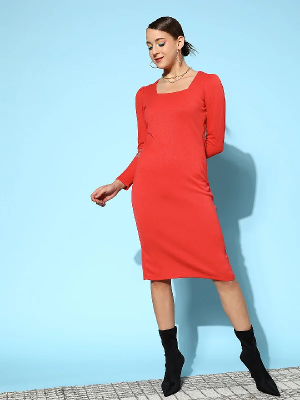 Women Red Rib Square Neck Bodycon Midi Dress Cotton Midi Skirt