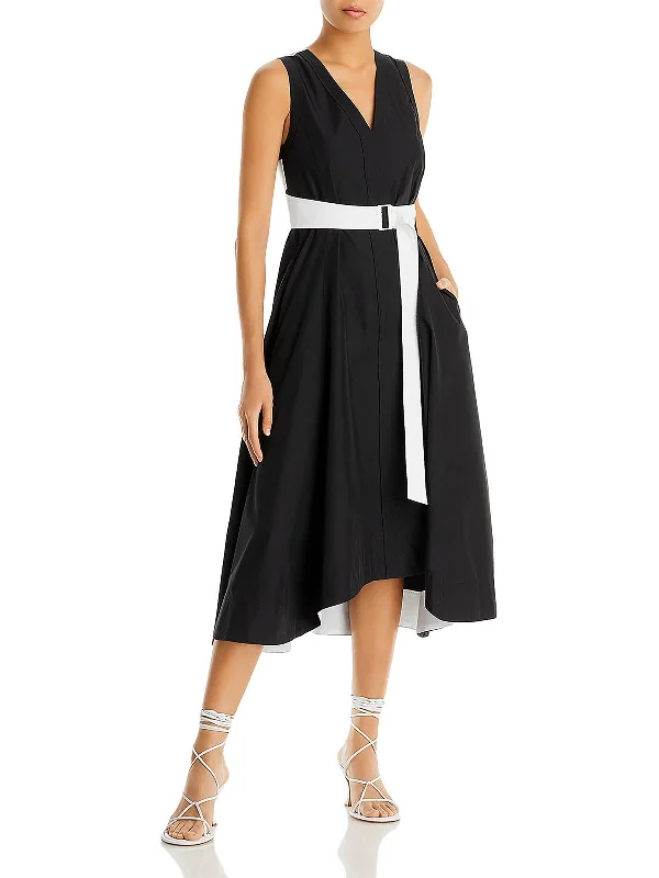 Womens V-Neck Belted Midi Dress Midi Skirt Casual