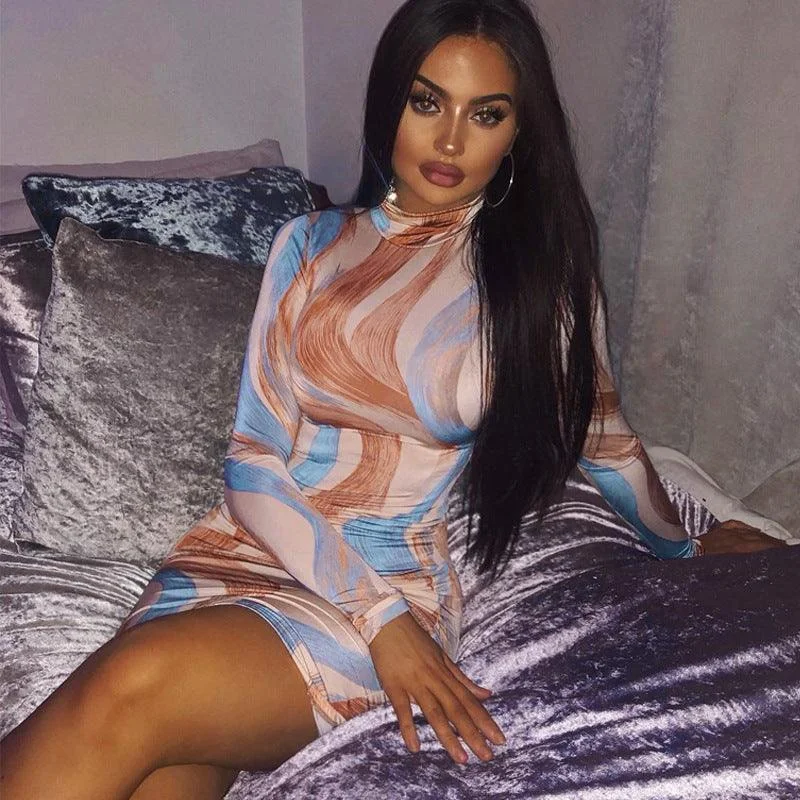 Casual Round Neck Print Split Mid-Length Dress Monochrome unclassified dresses