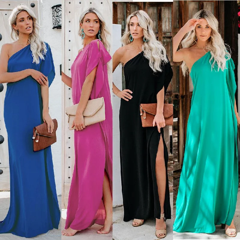 Explosive Slanted Shoulder Ruffled Solid Color Dress Printed unclassified dresses