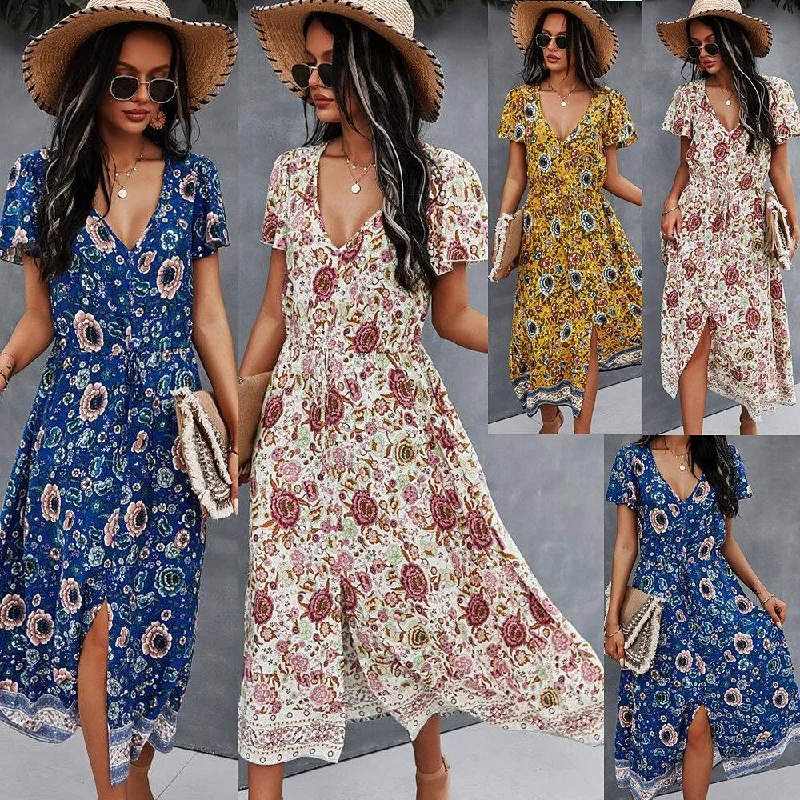 Fashion V-neck Sexy Print Dress Pastel unclassified dresses