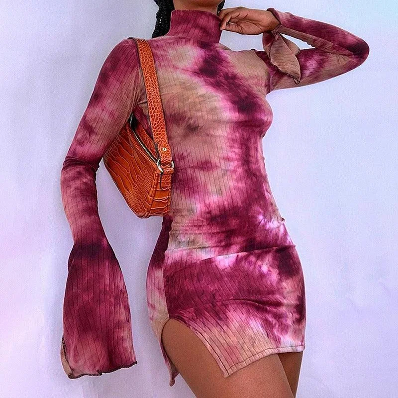 Flared Sleeve Sexy High Slit Bag Hip Print Dress Striped unclassified dresses