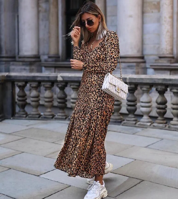 Leopard print V-neck casual dress Denim unclassified dresses