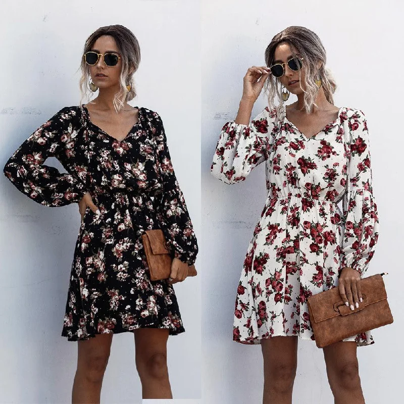 Polka dot flower bubble lantern sleeve dress Dark color unclassified dresses