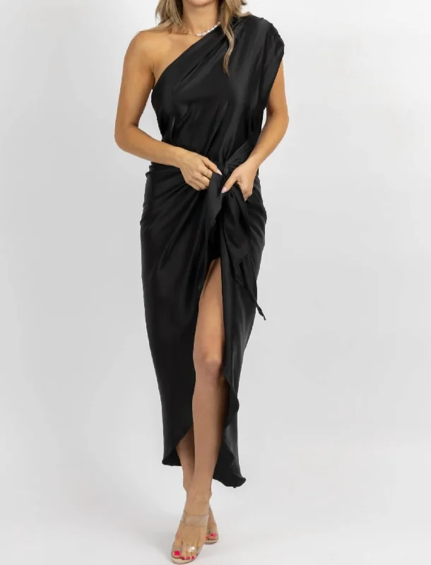 Satin One Shoulder Wrap Dress In Black Street style unclassified dresses