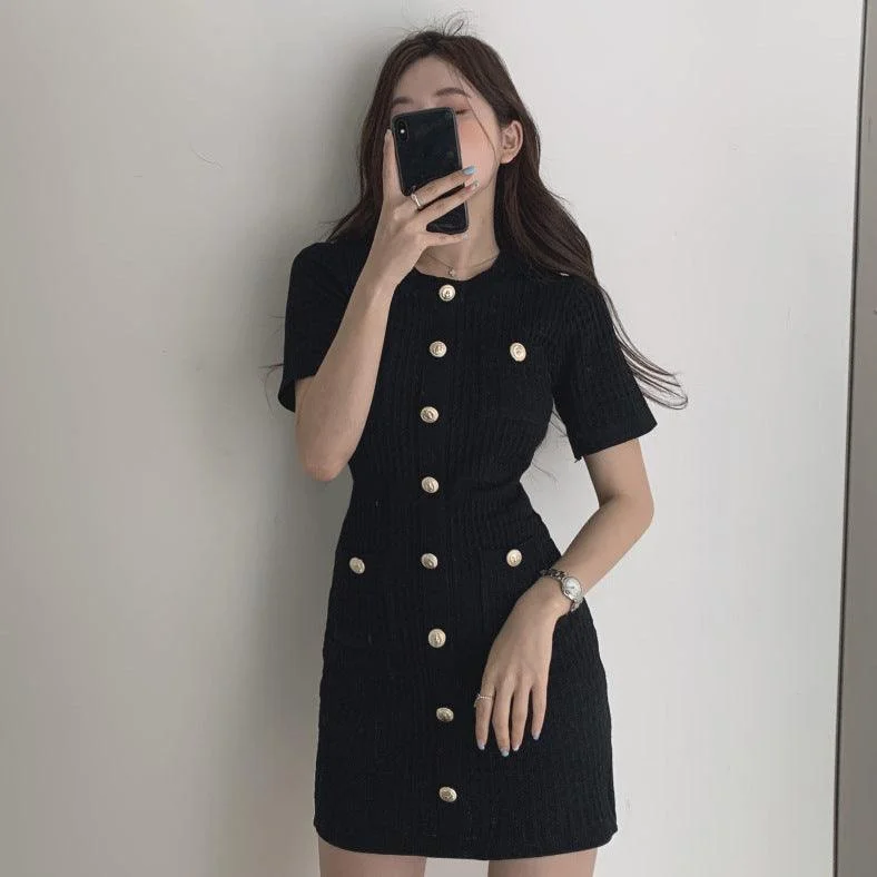 Single row French sweet round neck slim knitted dress Earthy tone unclassified dresses