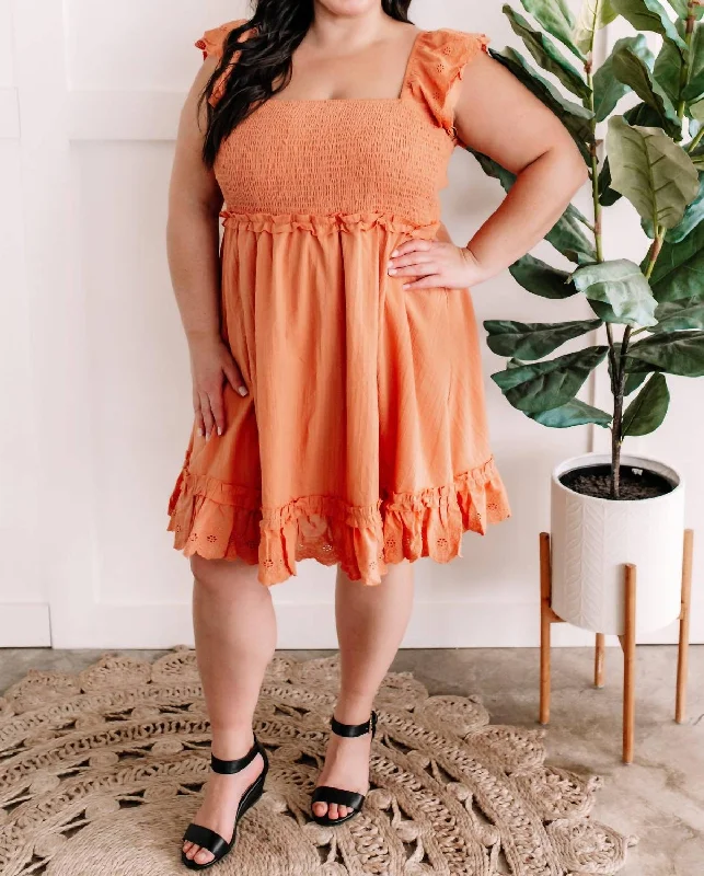 Smocked Dress With Eyelet Detail Flutter Sleeve In Apricot Street style unclassified dresses