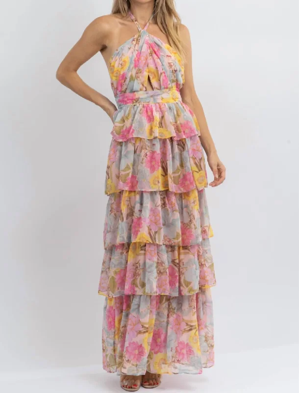 Sylvia Halter Tiered Ruffle Dress In Pink Multi Y2K unclassified dresses
