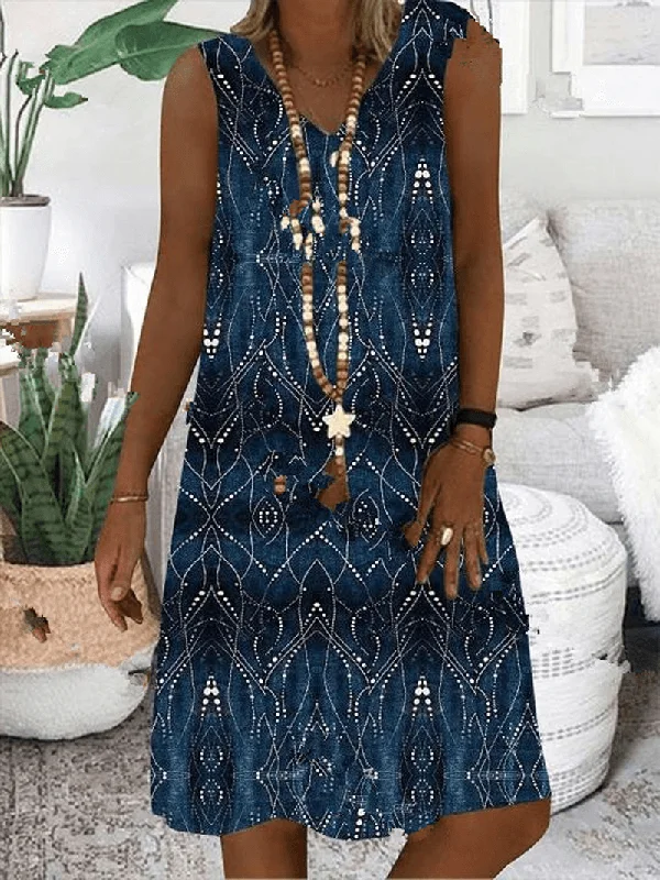 Women Print Sleeveless V-Neck Vintage Casual Dress Satin unclassified dresses